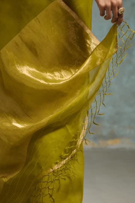 Buy_Dressfolk_Lime Organza Beads Ujjwala Saree With Unstitched Blouse Piece _Online_at_Aza_Fashions