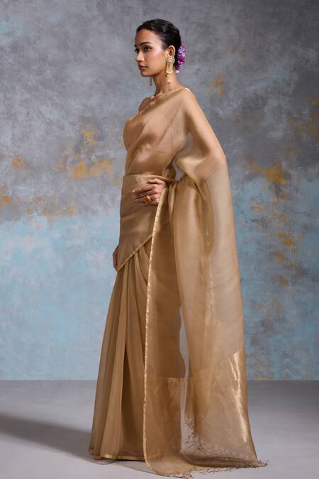 Shop_Dressfolk_Gold Organza Zari, Embroidery Arista Saree With Unstitched Blouse Piece _Online_at_Aza_Fashions