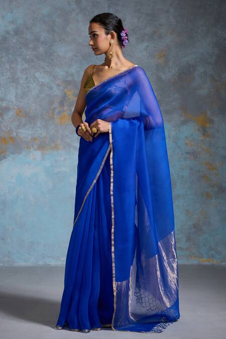Dressfolk_Cobalt Organza Zari Utsavi Saree With Unstitched Blouse Piece _Online_at_Aza_Fashions