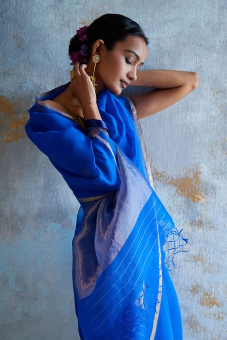 Buy_Dressfolk_Cobalt Organza Zari Utsavi Saree With Unstitched Blouse Piece _Online_at_Aza_Fashions