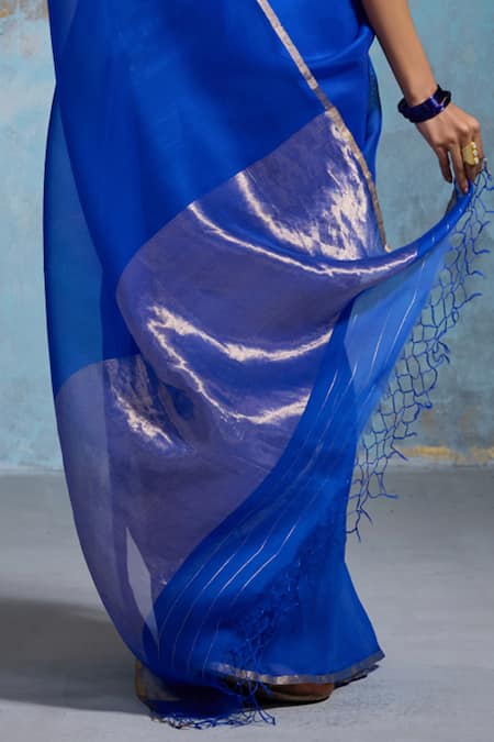 Shop_Dressfolk_Cobalt Organza Zari Utsavi Saree With Unstitched Blouse Piece 