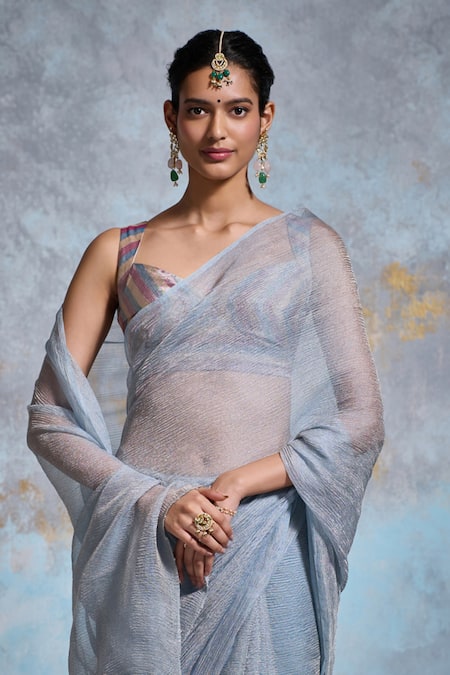 Dressfolk Blue Tissue Zari Taariqa Saree With Unstitched Blouse Piece Online at Aza Fashions Dressfolk_Blue Tissue Zari Taariqa Saree With Unstitched Blouse Piece _Online_at_Aza_Fashions