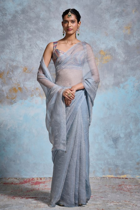 Dressfolk Blue Tissue Zari Taariqa Saree With Unstitched Blouse Piece 