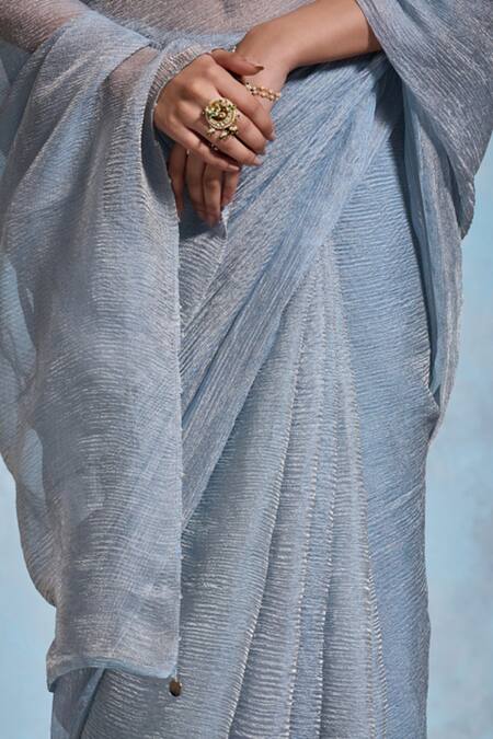 Shop Dressfolk Blue Tissue Zari Taariqa Saree With Unstitched Blouse Piece Online at Aza Fashions Shop_Dressfolk_Blue Tissue Zari Taariqa Saree With Unstitched Blouse Piece _Online_at_Aza_Fashions