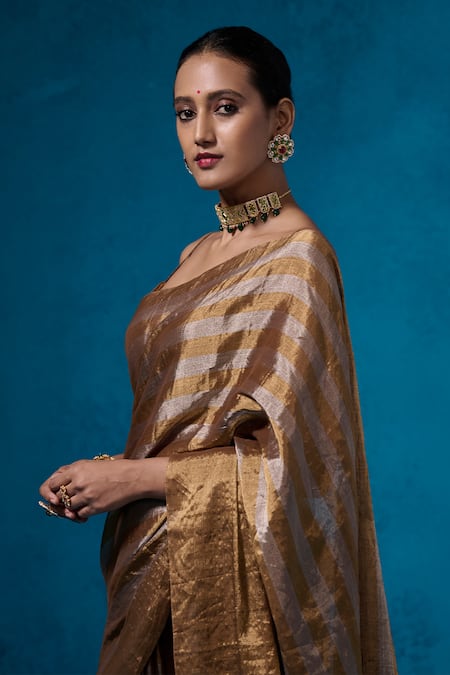 Dressfolk_Gold Tissue Beads Shabeena Saree With Unstitched Blouse Piece_Online_at_Aza_Fashions