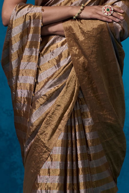 Buy_Dressfolk_Gold Tissue Beads Shabeena Saree With Unstitched Blouse Piece_Online_at_Aza_Fashions