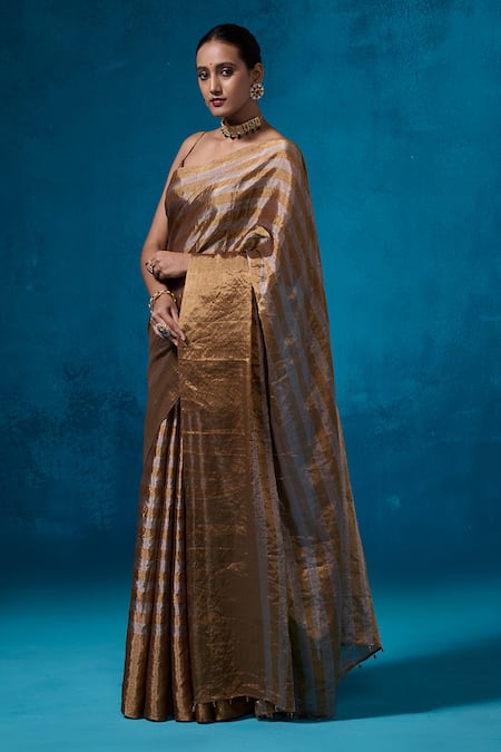 Dressfolk_Gold Tissue Beads Shabeena Saree With Unstitched Blouse Piece_at_Aza_Fashions