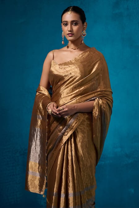Dressfolk_Gold Tissue Isha Handwoven Saree With Unstitched Blouse Piece _Online_at_Aza_Fashions