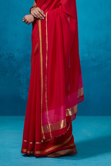 Dressfolk_Red Chanderi Zari Surkh Saree With Unstitched Blouse Piece _Online_at_Aza_Fashions