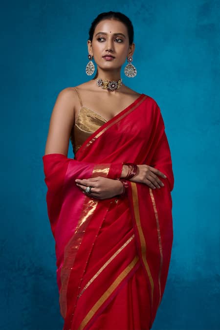 Buy_Dressfolk_Red Chanderi Zari Surkh Saree With Unstitched Blouse Piece _Online_at_Aza_Fashions