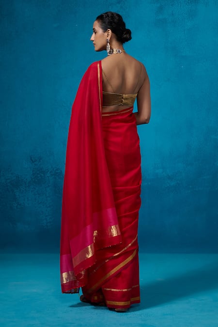 Dressfolk Surkh Chanderi Saree With Unstitched Blouse Piece 