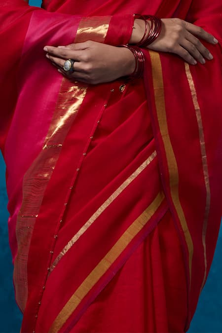Shop_Dressfolk_Red Chanderi Zari Surkh Saree With Unstitched Blouse Piece _Online_at_Aza_Fashions