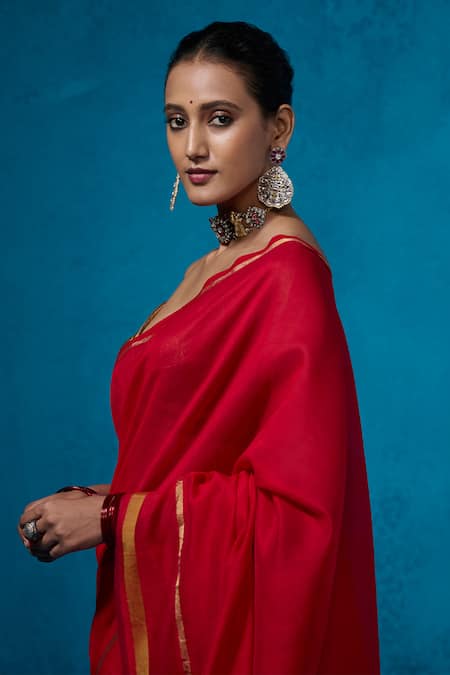 Dressfolk_Red Chanderi Zari Surkh Saree With Unstitched Blouse Piece _at_Aza_Fashions