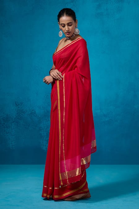 Buy_Dressfolk_Red Chanderi Zari Surkh Saree With Unstitched Blouse Piece 