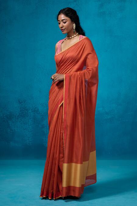 Shop_Dressfolk_Rust Chanderi Zari Aarzoo Handwoven Saree With Unstitched Blouse Piece _Online_at_Aza_Fashions