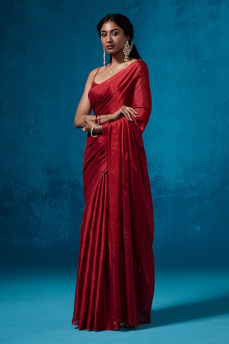 Dressfolk_Red Tissue Beads Dilaab Handwoven Saree With Unstitched Blouse Piece _at_Aza_Fashions