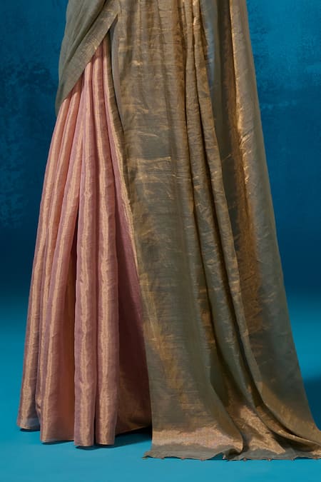 Shop_Dressfolk_Peach Tissue Zari, Beads Farozaan Saree With Unstitched Blouse Piece _Online_at_Aza_Fashions