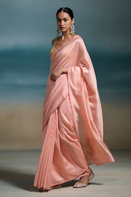 Dressfolk_Peach Chanderi Zari Dhriti Pre-draped Saree With Unstitched Blouse Piece_Online_at_Aza_Fashions