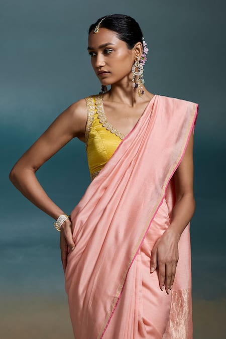 Dressfolk_Peach Chanderi Zari Dhriti Pre-draped Saree With Unstitched Blouse Piece_at_Aza_Fashions