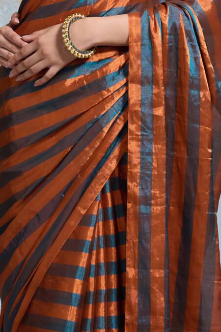 Buy_Dressfolk_Peach Tissue Zari Pratibha Striped Pre-draped Saree With Unstitched Blouse Piece_Online_at_Aza_Fashions