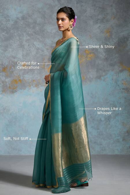 Buy Dressfolk Teal Organza Zari Sukanya Pre-draped Saree With Unstitched Blouse Piece Online at Aza Fashions Buy_Dressfolk_Teal Organza Zari Sukanya Pre-draped Saree With Unstitched Blouse Piece_Online_at_Aza_Fashions