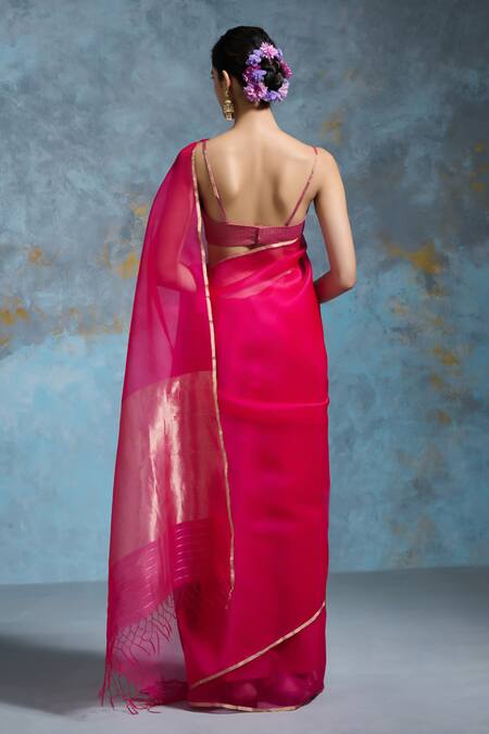 Shop Dressfolk Fuchsia Organza Zari Palasha Pre-draped Saree With Unstitched Blouse Piece at Aza Fashions Shop_Dressfolk_Fuchsia Organza Zari Palasha Pre-draped Saree With Unstitched Blouse Piece_at_Aza_Fashions