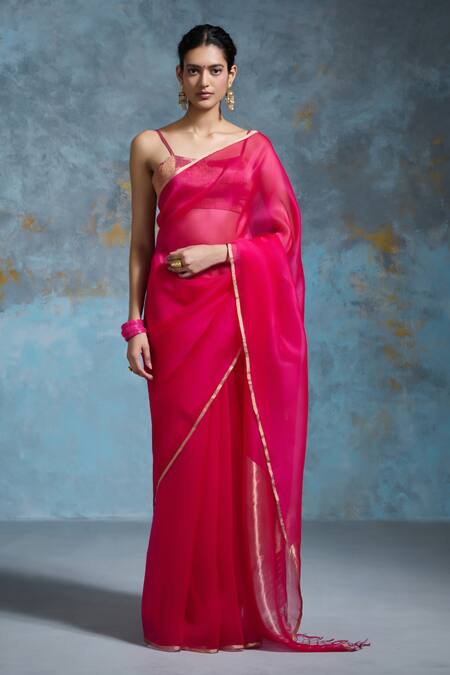 Buy Dressfolk Fuchsia Organza Zari Palasha Pre-draped Saree With Unstitched Blouse Piece at Aza Fashions Buy_Dressfolk_Fuchsia Organza Zari Palasha Pre-draped Saree With Unstitched Blouse Piece_at_Aza_Fashions