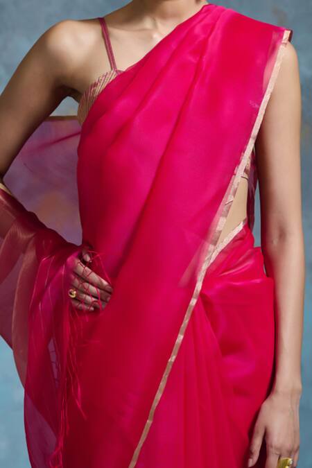 Shop Dressfolk Fuchsia Organza Zari Palasha Pre-draped Saree With Unstitched Blouse Piece Online at Aza Fashions Shop_Dressfolk_Fuchsia Organza Zari Palasha Pre-draped Saree With Unstitched Blouse Piece_Online_at_Aza_Fashions