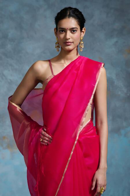 Dressfolk Fuchsia Organza Zari Palasha Pre-draped Saree With Unstitched Blouse Piece at Aza Fashions Dressfolk_Fuchsia Organza Zari Palasha Pre-draped Saree With Unstitched Blouse Piece_at_Aza_Fashions