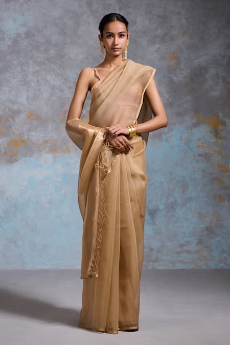 Shop Dressfolk Gold Organza Zari Arista Pre-draped Saree With Unstitched Blouse Piece Online at Aza Fashions Shop_Dressfolk_Gold Organza Zari Arista Pre-draped Saree With Unstitched Blouse Piece_Online_at_Aza_Fashions