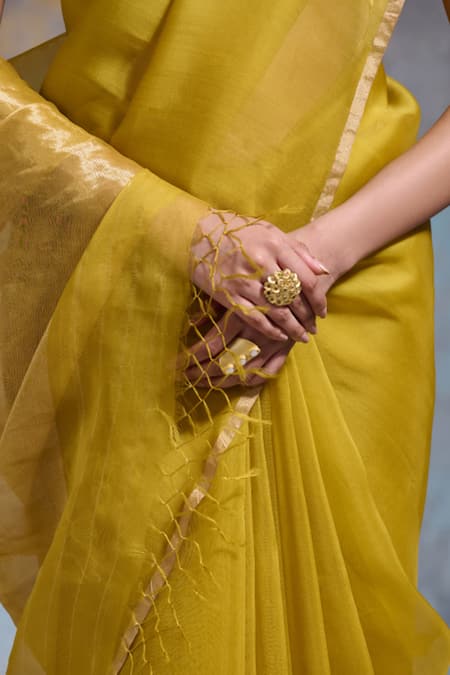 Dressfolk_Yellow Organza Zari Vaishali Pre-draped Saree With Unstitched Blouse Piece_at_Aza_Fashions