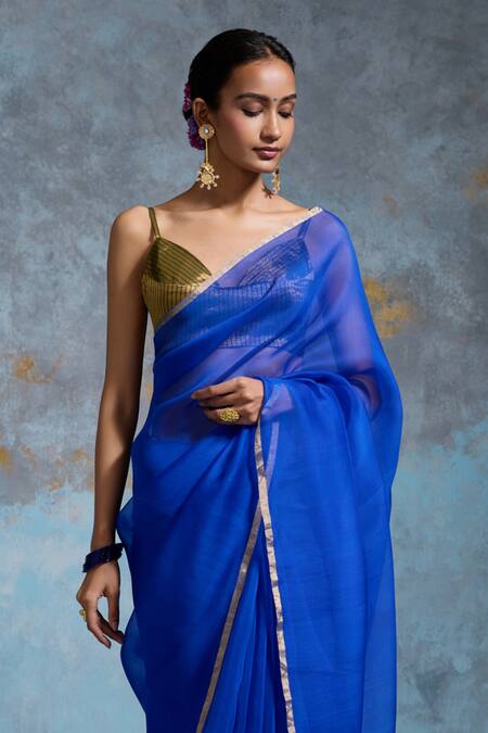 Shop_Dressfolk_Cobalt Organza Zari Utsavi Pre-draped Saree With Unstitched Blouse Piece_Online_at_Aza_Fashions
