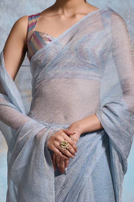 Shop_Dressfolk_Blue Tissue Zari Taariqa Pre-draped Saree With Unstitched Blouse Piece_Online_at_Aza_Fashions