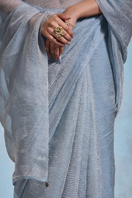 Dressfolk_Blue Tissue Zari Taariqa Pre-draped Saree With Unstitched Blouse Piece_at_Aza_Fashions