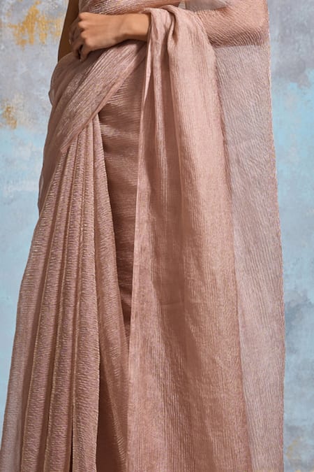 Dressfolk_Peach Tissue Tisya Pre-draped Saree With Unstitched Blouse Piece_Online_at_Aza_Fashions