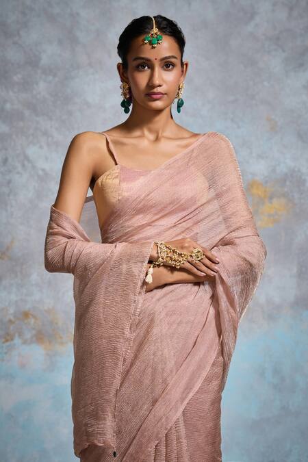 Shop_Dressfolk_Peach Tissue Tisya Pre-draped Saree With Unstitched Blouse Piece_Online_at_Aza_Fashions