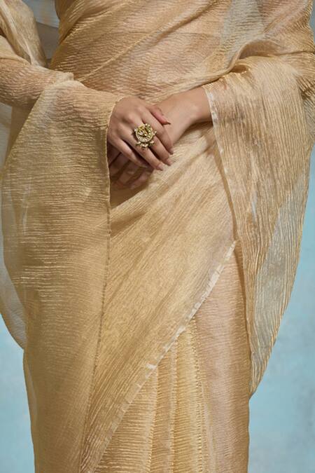 Buy Dressfolk Gold Tissue Yamini Pre-draped Saree With Unstitched Blouse Piece Online at Aza Fashions Buy_Dressfolk_Gold Tissue Yamini Pre-draped Saree With Unstitched Blouse Piece_Online_at_Aza_Fashions