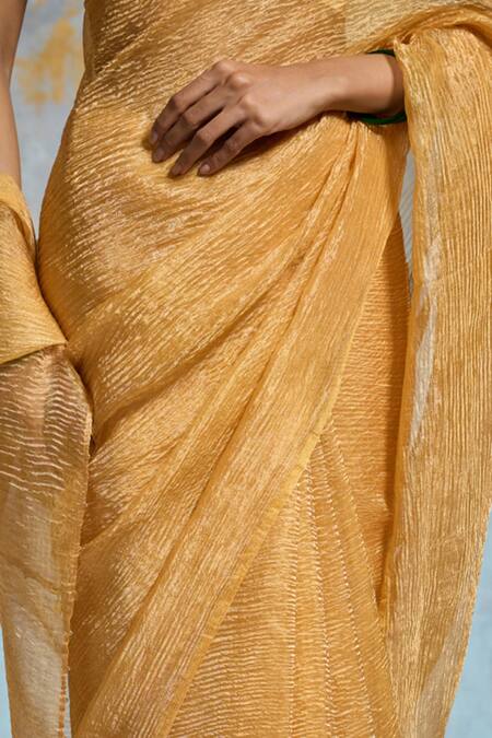 Dressfolk_Yellow Tissue Zari Priti Pre-draped Saree With Unstitched Blouse Piece_Online_at_Aza_Fashions