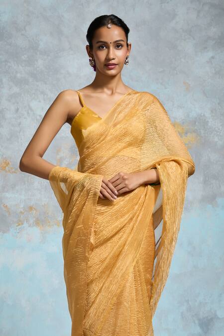 Buy_Dressfolk_Yellow Tissue Zari Priti Pre-draped Saree With Unstitched Blouse Piece_Online_at_Aza_Fashions