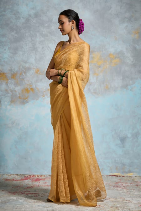 Shop_Dressfolk_Yellow Tissue Zari Priti Pre-draped Saree With Unstitched Blouse Piece_Online_at_Aza_Fashions