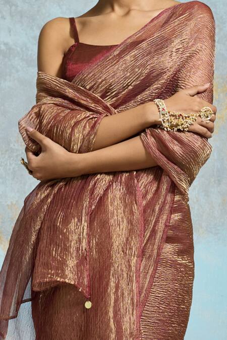 Dressfolk_Maroon Tissue Zari, Sindoori Pre-draped Saree With Unstitched Blouse Piece_at_Aza_Fashions