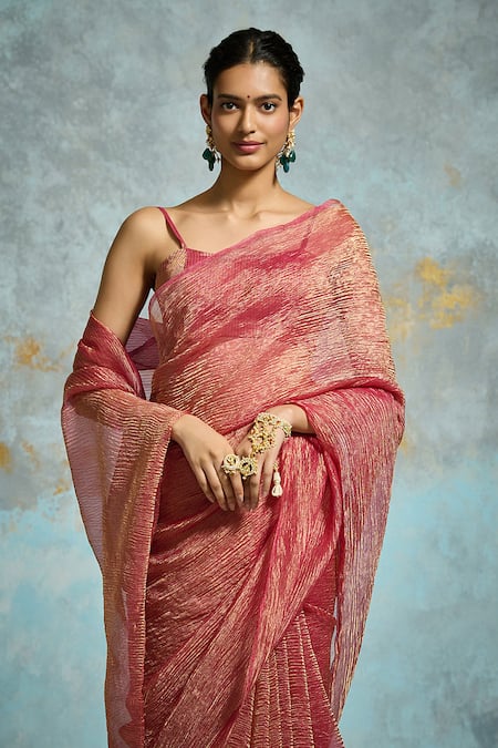 Buy_Dressfolk_Pink Tissue Zari Jhalak Pre-draped Saree With Unstitched Blouse Piece_Online_at_Aza_Fashions