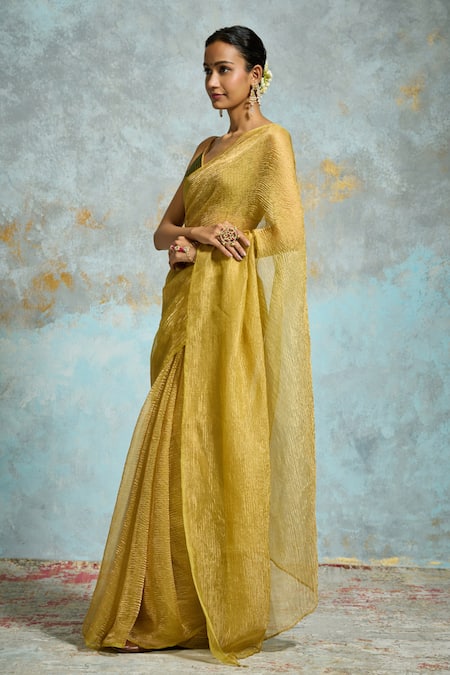 Dressfolk_Lime Tissue Beads Aaira Pre-draped Saree With Unstitched Blouse Piece_Online_at_Aza_Fashions