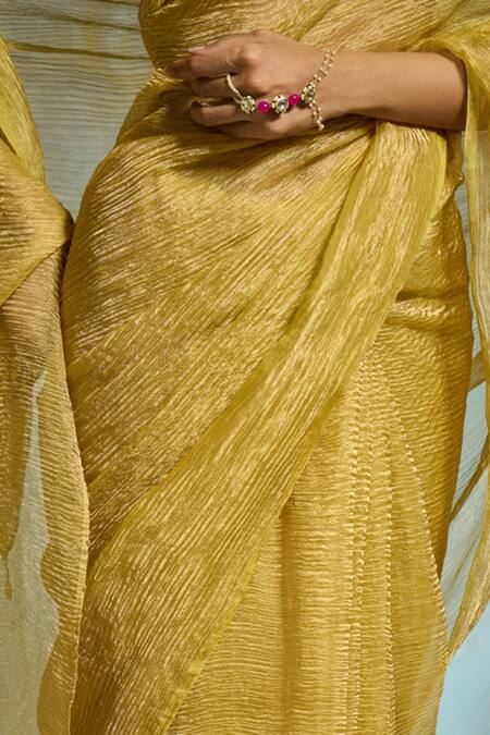 Shop_Dressfolk_Lime Tissue Beads Aaira Pre-draped Saree With Unstitched Blouse Piece_Online_at_Aza_Fashions