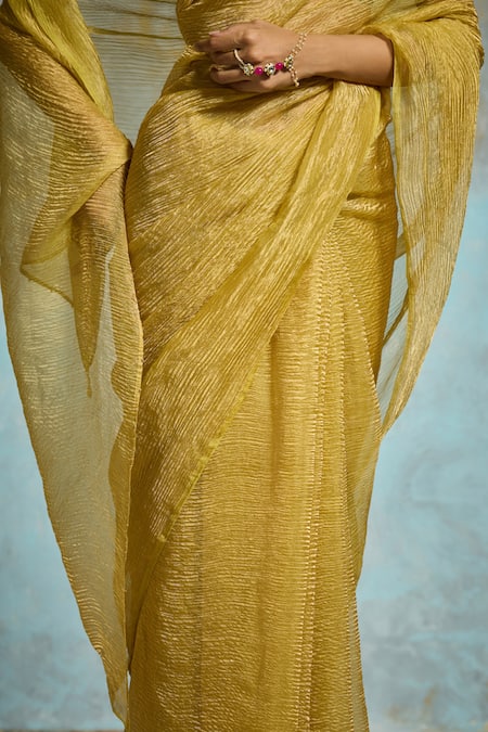 Dressfolk_Lime Tissue Beads Aaira Pre-draped Saree With Unstitched Blouse Piece_at_Aza_Fashions