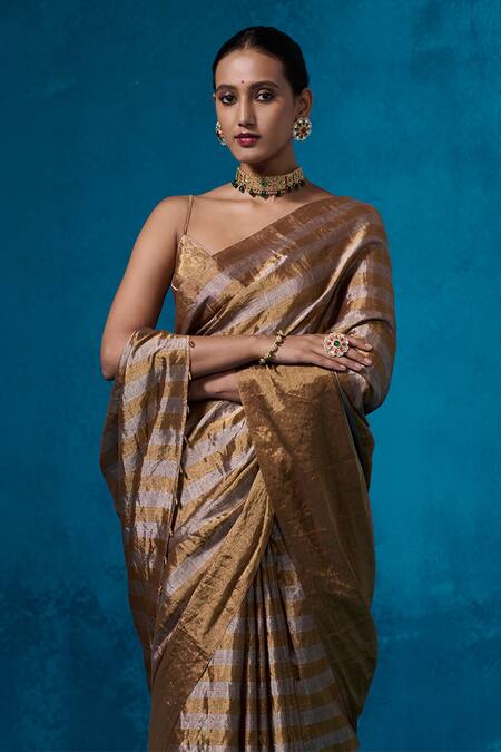 Shop_Dressfolk_Gold Tissue Beads Shabeena Pre-draped Saree With Unstitched Blouse Piece_Online_at_Aza_Fashions