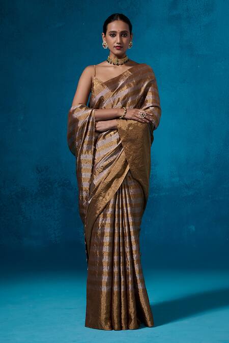 Dressfolk_Gold Tissue Beads Shabeena Pre-draped Saree With Unstitched Blouse Piece_at_Aza_Fashions