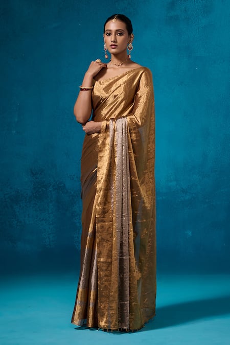 Shop Dressfolk Gold Tissue Isha Pre-draped Saree With Unstitched Blouse Piece Online at Aza Fashions Shop_Dressfolk_Gold Tissue Isha Pre-draped Saree With Unstitched Blouse Piece_Online_at_Aza_Fashions
