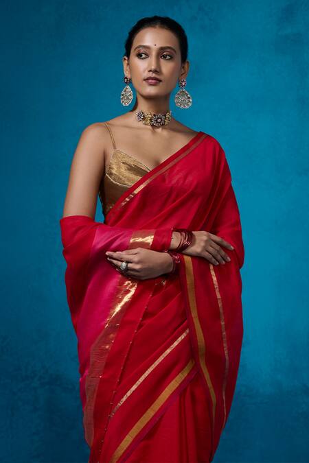 Shop_Dressfolk_Red Chanderi Zari Surkh Pre-draped Saree With Unstitched Blouse Piece_Online_at_Aza_Fashions