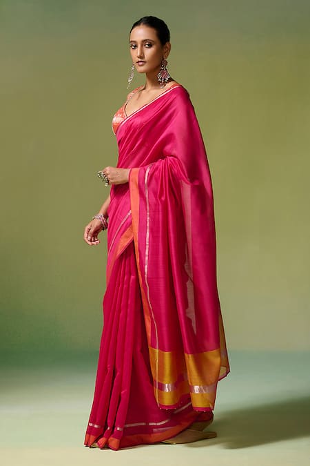 Dressfolk Pink Chanderi Zari Fidha Pre-draped Saree With Unstitched Blouse Piece 